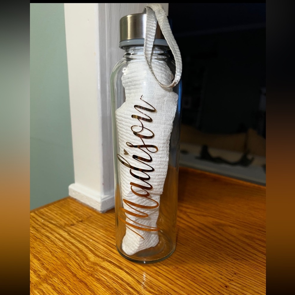 "Madison" name logo glass water bottle label can peel off